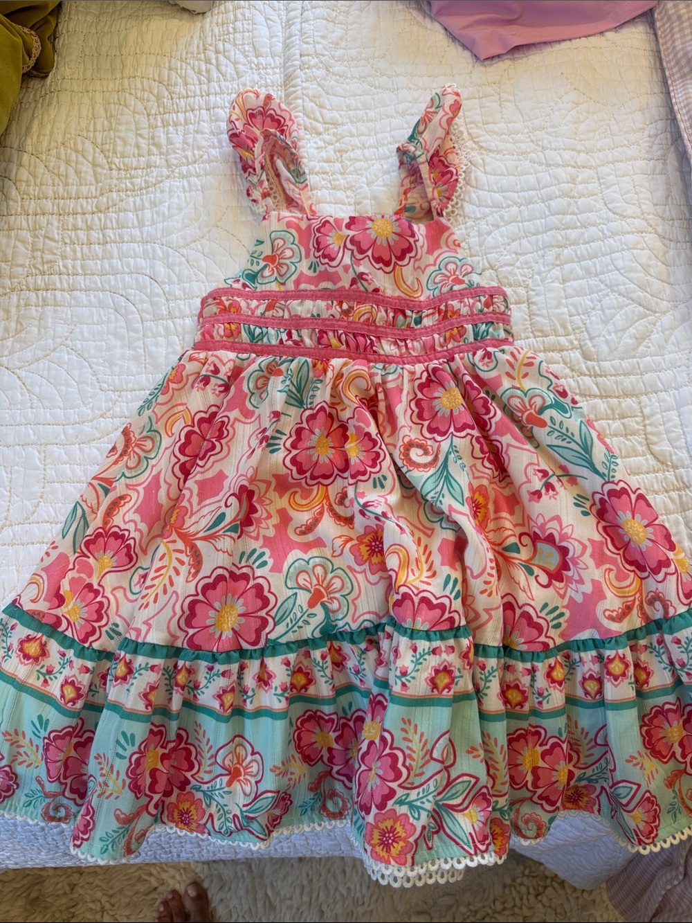 Girls Pink Floral Sundress with Green Accents